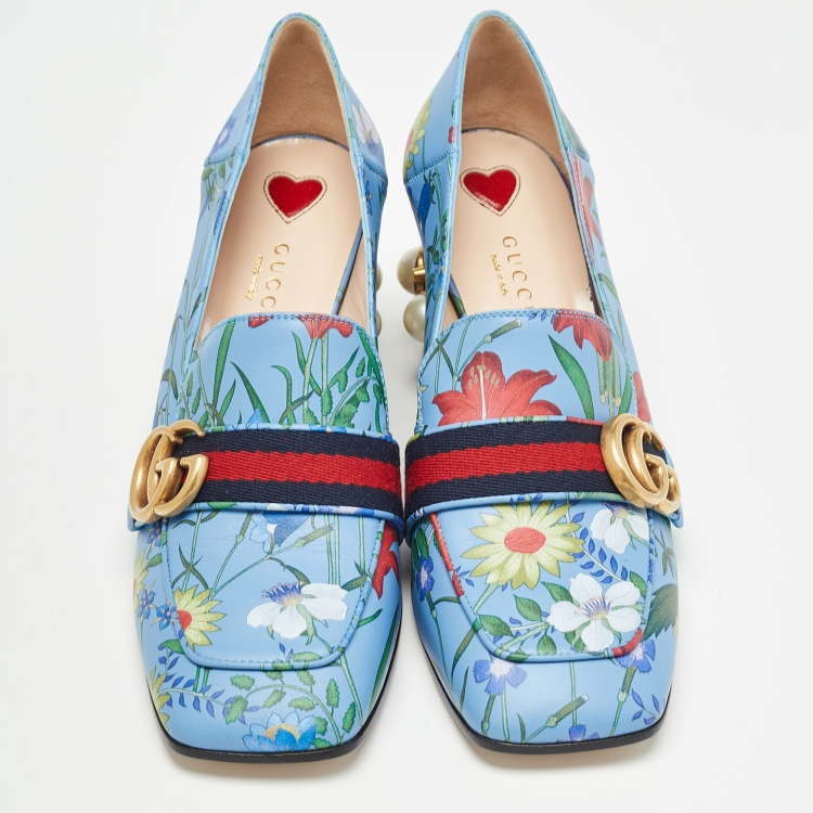 Pre Owned Gucci Blue Floral Print Leather GG Marmont Loafer Pumps Size 38.5