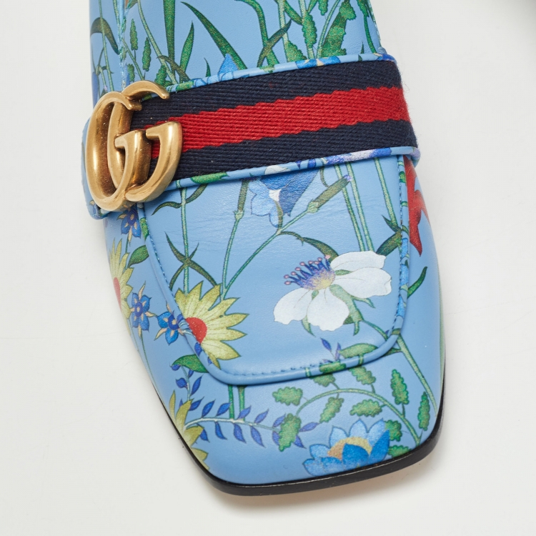 Pre Owned Gucci Blue Floral Print Leather GG Marmont Loafer Pumps Size 38.5
