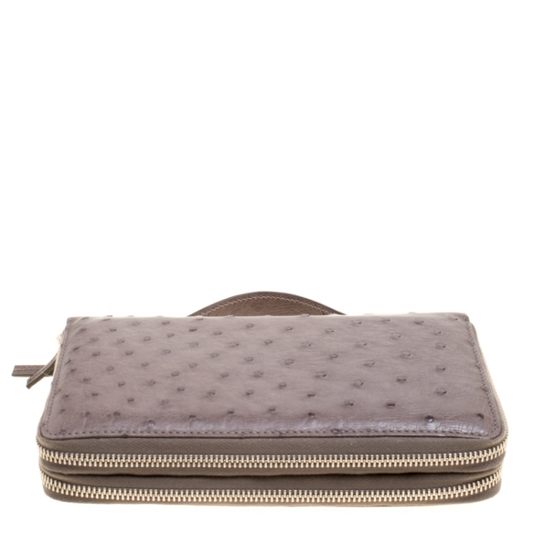 Pre Owned Gucci Grey Ostrich Leather Travel Document Case