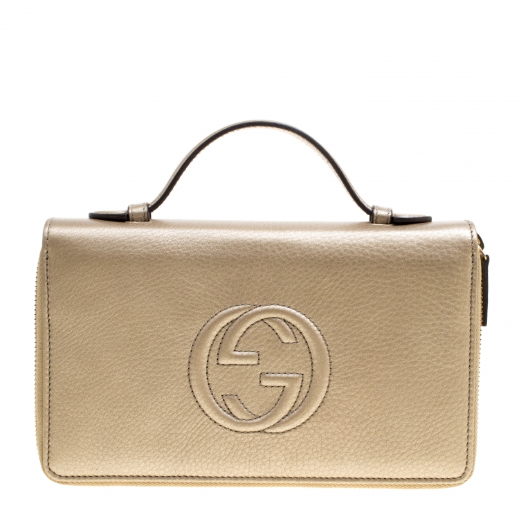 Pre Owned Gucci Metallic Beige Leather Soho Travel Document Case