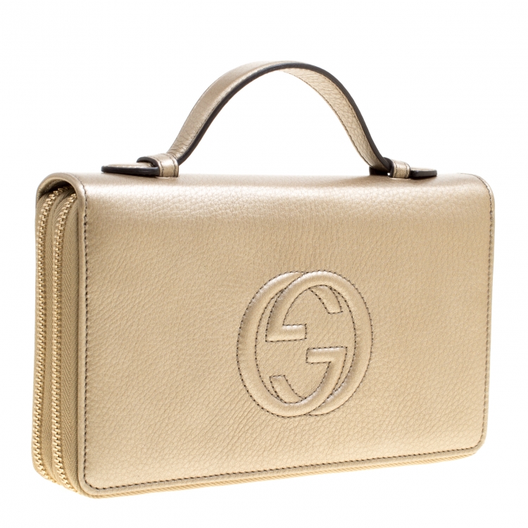 Pre Owned Gucci Metallic Beige Leather Soho Travel Document Case