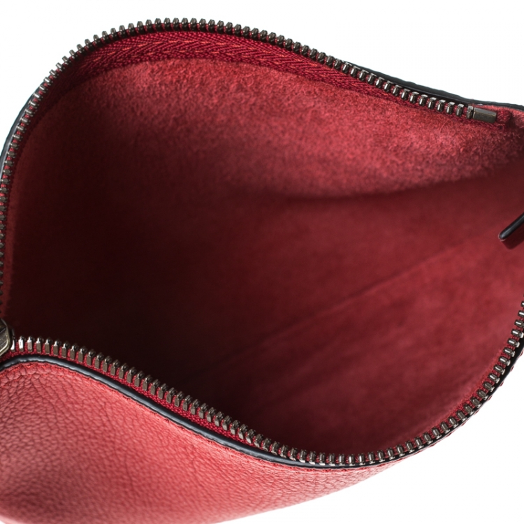 Pre Owned Gucci Red  Leather Web Logo Zip Pouch