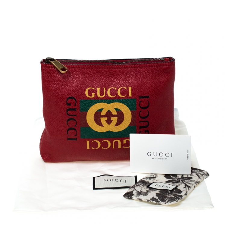 Pre Owned Gucci Red  Leather Web Logo Zip Pouch