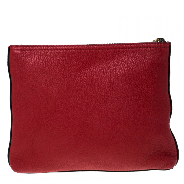 Pre Owned Gucci Red  Leather Web Logo Zip Pouch