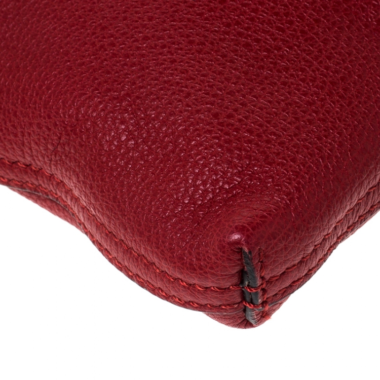 Pre Owned Gucci Red  Leather Web Logo Zip Pouch