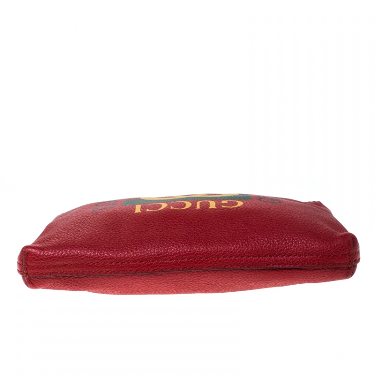 Pre Owned Gucci Red  Leather Web Logo Zip Pouch