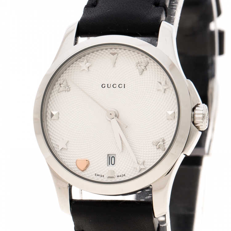 Pre Owned Gucci Silver White Stainless Steel G-Timeless 126.5 Women's Wristwatch 27 mm