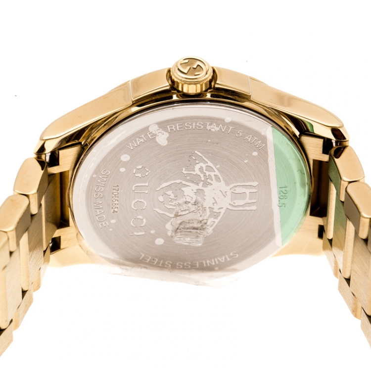 Pre Owned Gucci Cream Gold Plated Stainless Steel G-Timeless 126.5 Women's Wristwatch 27 mm