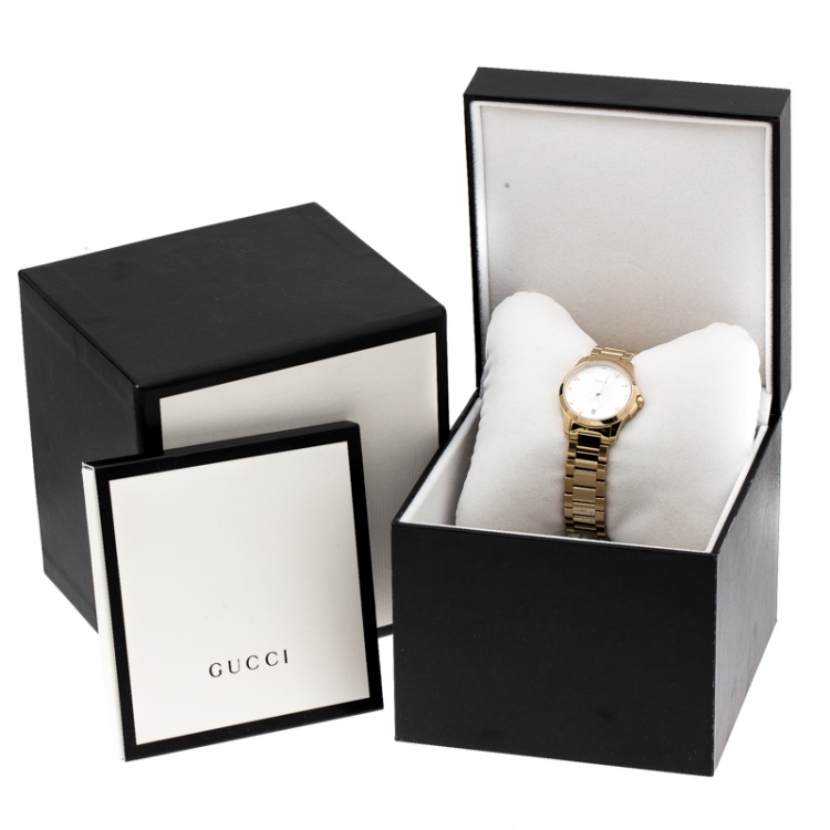 Pre Owned Gucci Cream Gold Plated Stainless Steel G-Timeless 126.5 Women's Wristwatch 27 mm