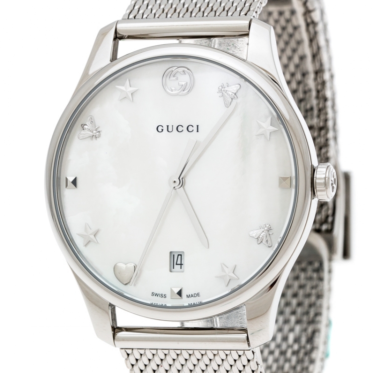 Pre Owned Gucci White Mother of Pearl Stainless Steel G-Timeless 126.4 Women's Wristwatch 36 mm