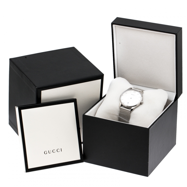 Pre Owned Gucci White Mother of Pearl Stainless Steel G-Timeless 126.4 Women's Wristwatch 36 mm