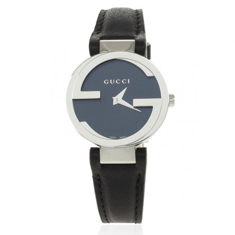 Pre Owned Gucci Interlocking Black Leather Womens Watch 29 MM