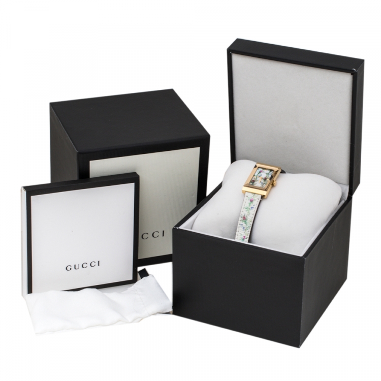 Pre Owned Gucci White Mother Of Pearl Floral Gold Tone Stainless Steel G-Frame 147.4 Women's Wristwatch 21 mm