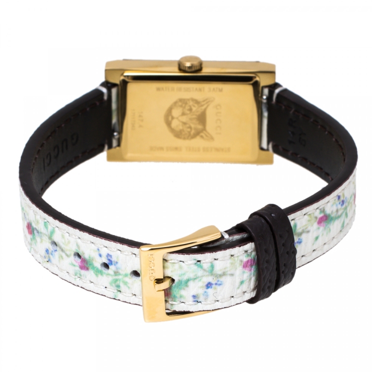 Pre Owned Gucci White Mother Of Pearl Floral Gold Tone Stainless Steel G-Frame 147.4 Women's Wristwatch 21 mm