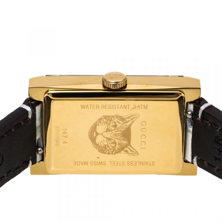Pre Owned Gucci White Mother Of Pearl Floral Gold Tone Stainless Steel G-Frame 147.4 Women's Wristwatch 21 mm