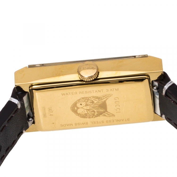 Pre Owned Gucci White Mother Of Pearl Floral Gold Tone Stainless Steel G-Frame 147.4 Women's Wristwatch 21 mm