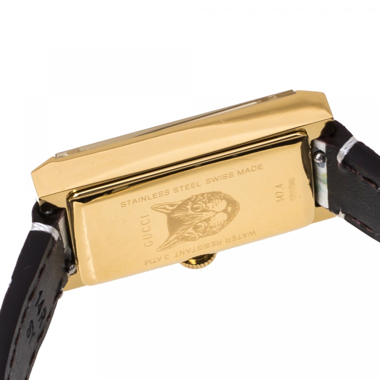 Pre Owned Gucci White Mother Of Pearl Floral Gold Tone Stainless Steel G-Frame 147.4 Women's Wristwatch 21 mm