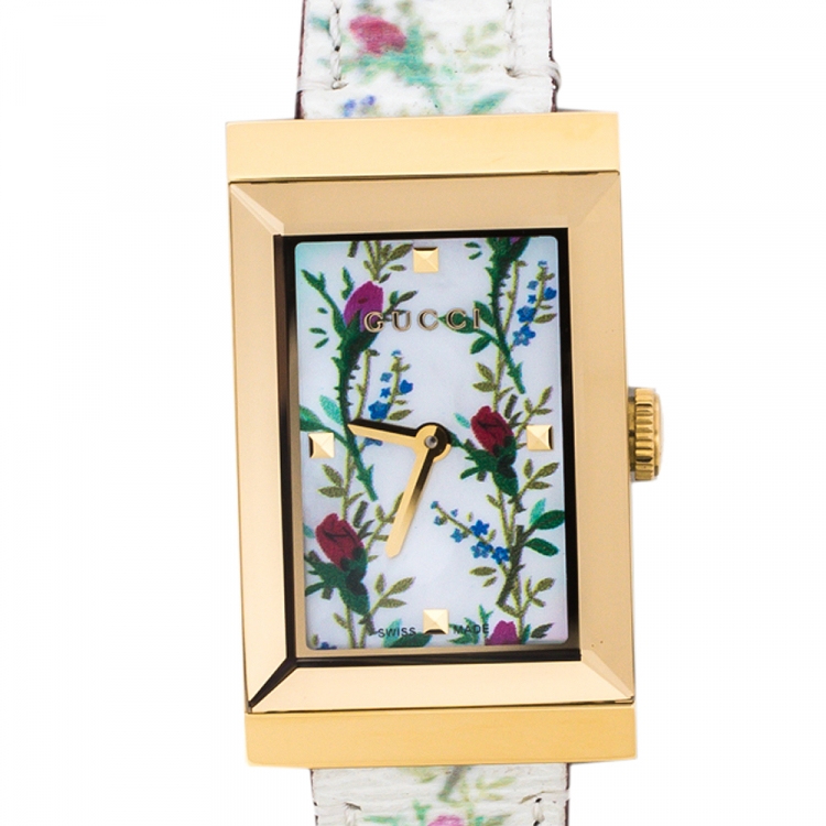 Pre Owned Gucci White Mother Of Pearl Floral Gold Tone Stainless Steel G-Frame 147.4 Women's Wristwatch 21 mm