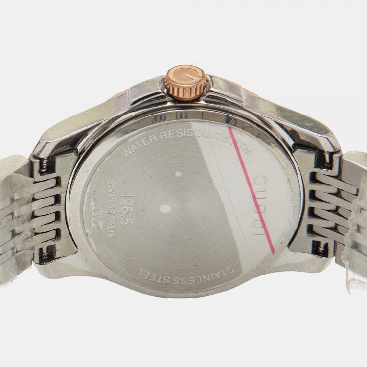 Pre Owned Gucci Mother of Pearl Two-Tone Stainless Steel Diamonds G-Timeless YA126514 Women's Wristwatch 27 mm