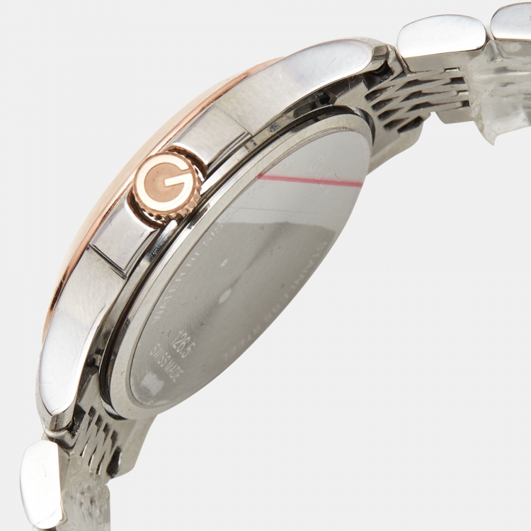 Pre Owned Gucci Mother of Pearl Two-Tone Stainless Steel Diamonds G-Timeless YA126514 Women's Wristwatch 27 mm