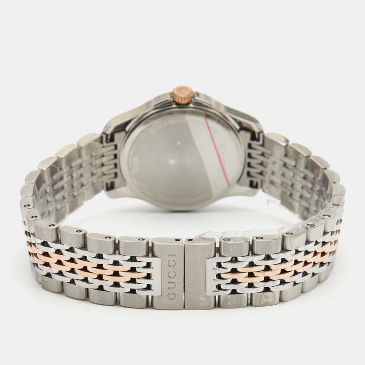 Pre Owned Gucci Mother of Pearl Two-Tone Stainless Steel Diamonds G-Timeless YA126514 Women's Wristwatch 27 mm