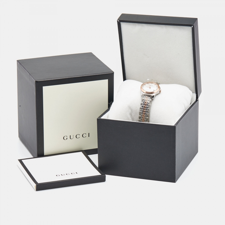 Pre Owned Gucci Mother of Pearl Two-Tone Stainless Steel Diamonds G-Timeless YA126514 Women's Wristwatch 27 mm