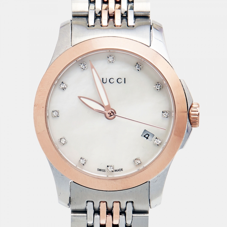 Pre Owned Gucci Mother of Pearl Two-Tone Stainless Steel Diamonds G-Timeless YA126514 Women's Wristwatch 27 mm