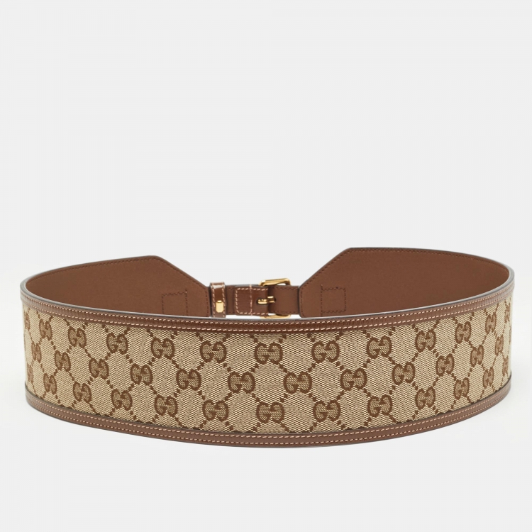 Pre Owned Gucci Brown GG Canvas and Leather Buckle Wide Waist Belt 85CM
