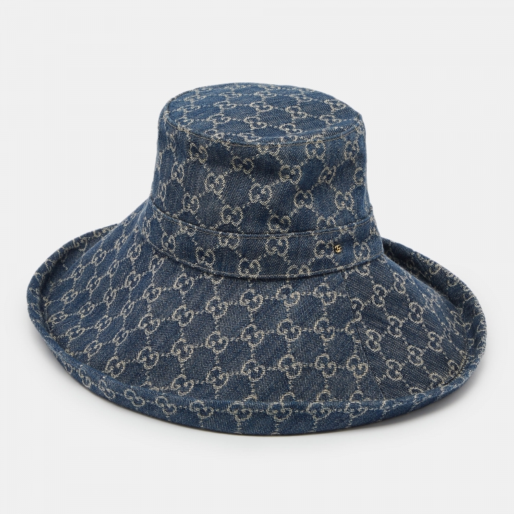 Pre Owned Gucci Blue GG Jacquard Denim Wide Brim Hat M