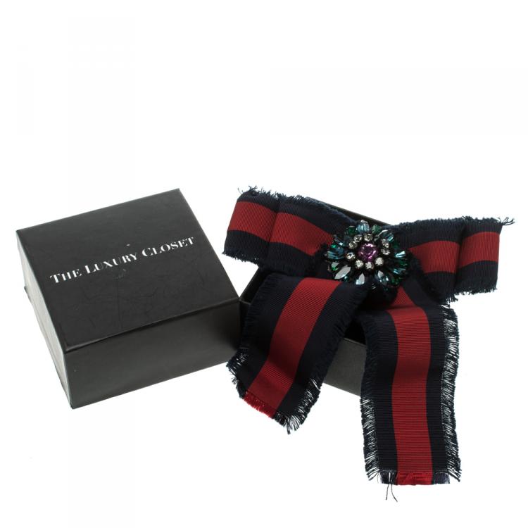 Pre Owned Gucci Crystal Blue & Red Web Grosgrain Frayed Bow Brooch 