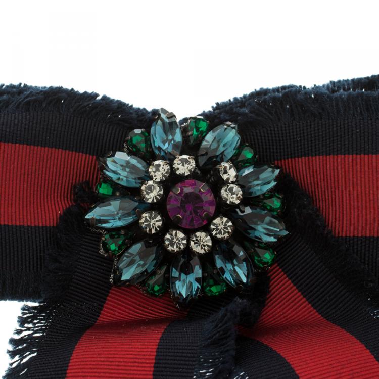 Pre Owned Gucci Crystal Red/Blue Web Grosgrain Frayed Bow Brooch  