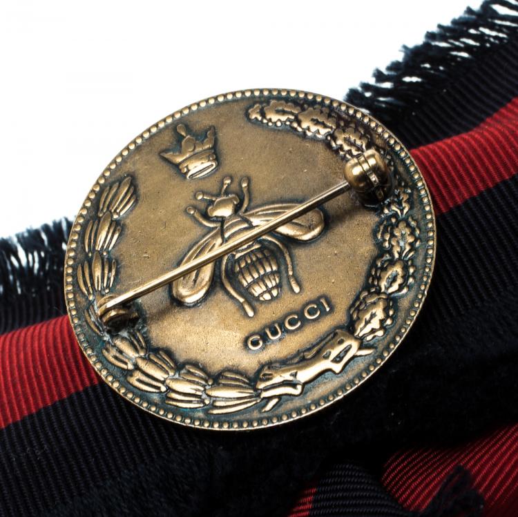 Pre Owned Gucci Crystal Red/Blue Web Grosgrain Frayed Bow Brooch  