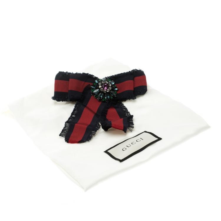Pre Owned Gucci Crystal Red/Blue Web Grosgrain Frayed Bow Brooch  