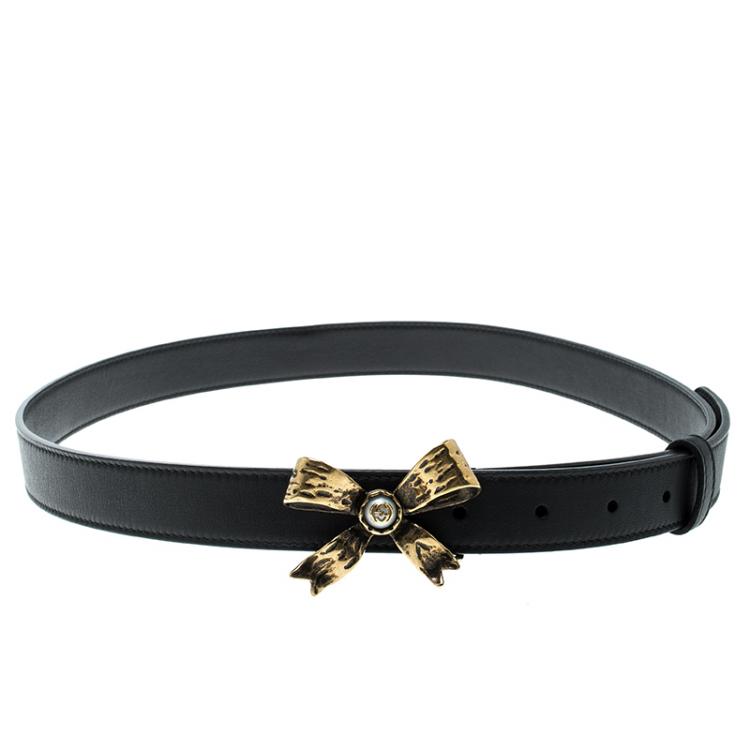 Gucci Black Leather Pearl Bow Buckle 