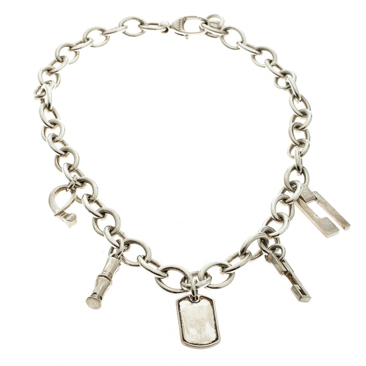 Pre Owned Gucci Silver Charm Link Choker Necklace