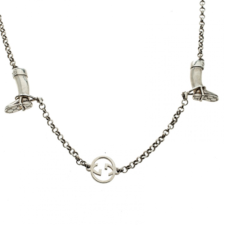 Pre Owned Gucci GG Boot Charm Silver Chain Link Long Necklace