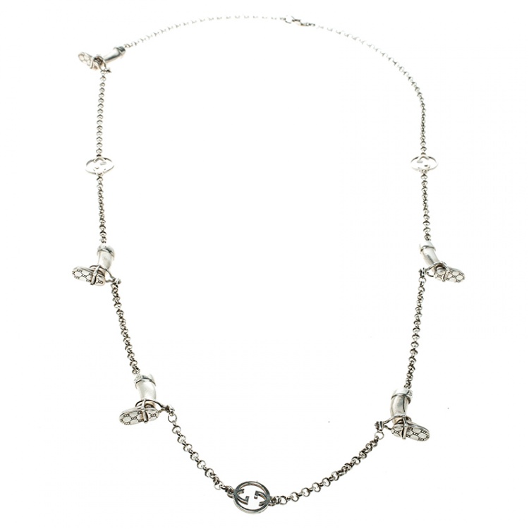 Pre Owned Gucci GG Boot Charm Silver Chain Link Long Necklace