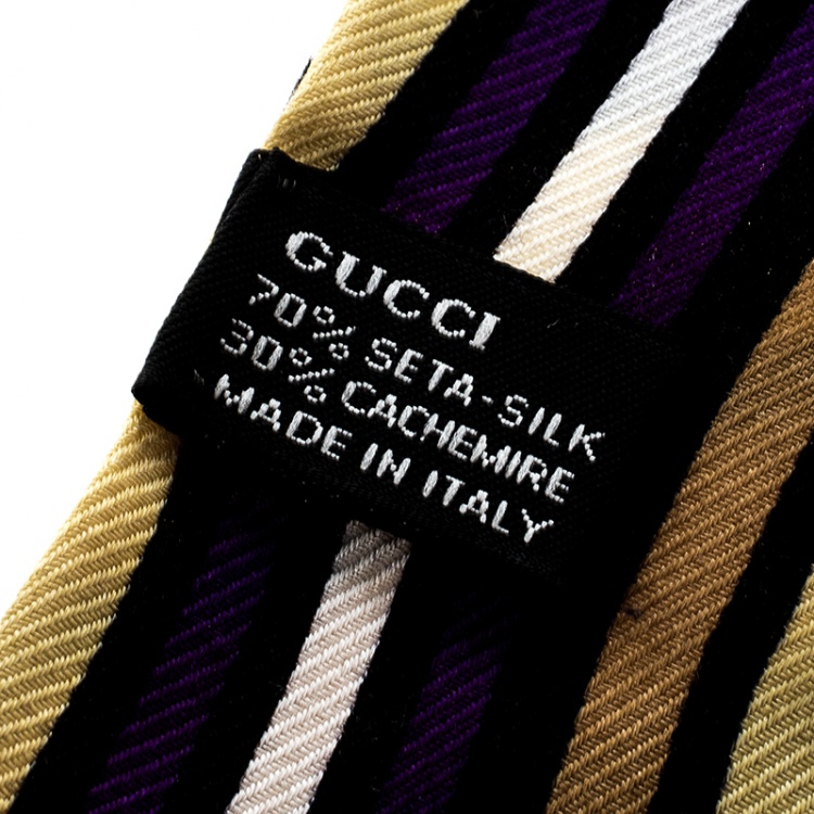 Pre Owned Gucci Multicolor Striped Silk Cashmere Tassel Detail Neck Scarf