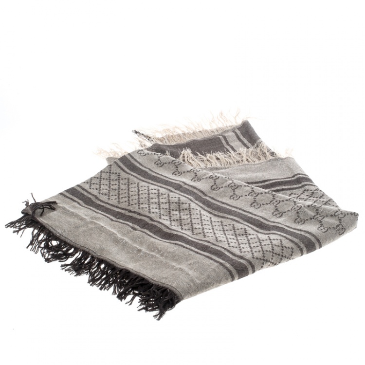 Pre Owned Gucci Metallic Beige and Brown GG Pattern Silk and Wool Shawl