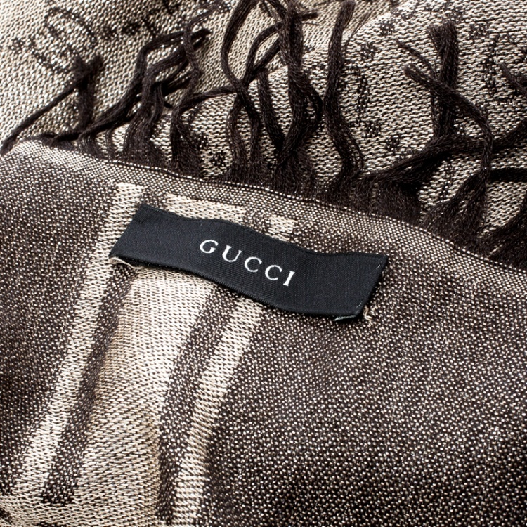 Pre Owned Gucci Metallic Beige and Brown GG Pattern Silk and Wool Shawl