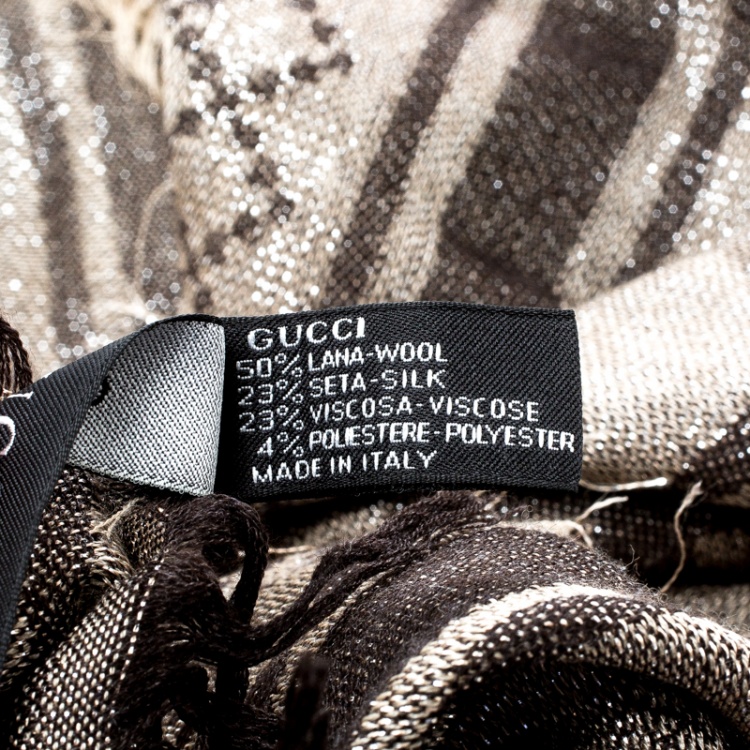 Pre Owned Gucci Metallic Beige and Brown GG Pattern Silk and Wool Shawl