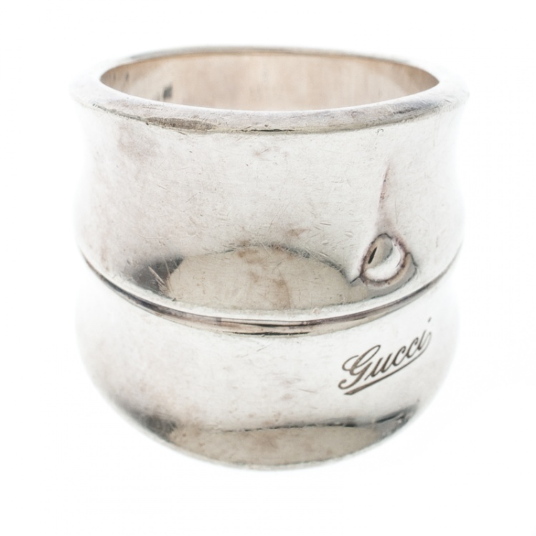 Pre Owned Gucci Bamboo Silver Wide Band Ring Size 56