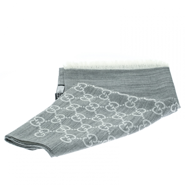 مملوكة مسبقًا Gucci Grey and White Guccissima Jacquard Pattern Wool and Silk Fringed Edge Stole