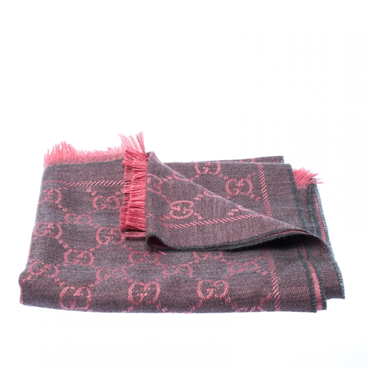 Pre Owned Gucci Pink Grey Guccissima Wool Fringed Trim Muffler