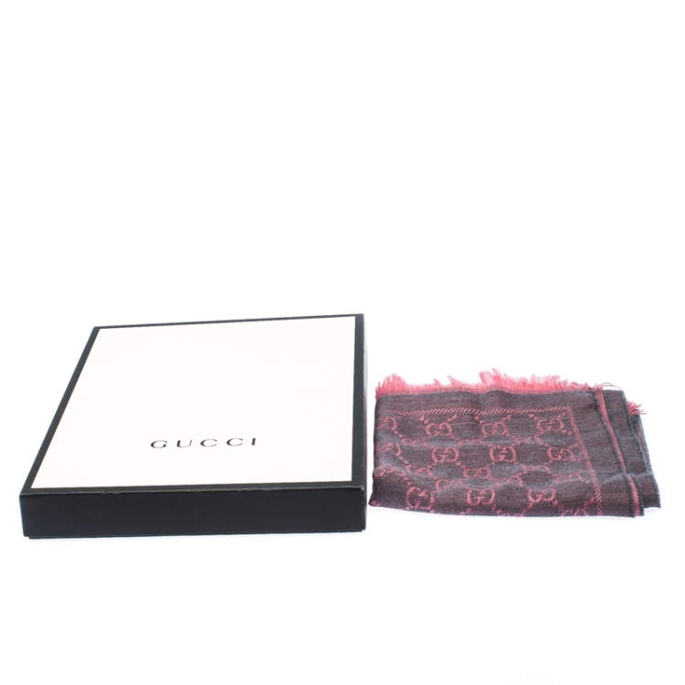 Pre Owned Gucci Pink Grey Guccissima Wool Fringed Trim Muffler