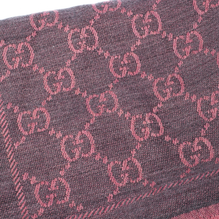 Pre Owned Gucci Pink Grey Guccissima Wool Fringed Trim Muffler