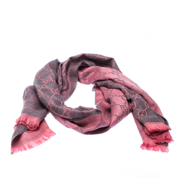 Pre Owned Gucci Pink Grey Guccissima Wool Fringed Trim Muffler