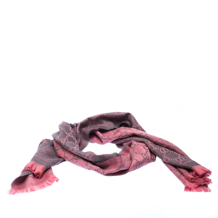 Pre Owned Gucci Pink Grey Guccissima Wool Fringed Trim Muffler
