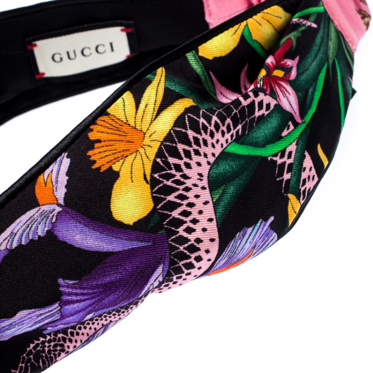 Pre Owned Gucci Multicolor Floral Snake Print Silk Twisted Headband 