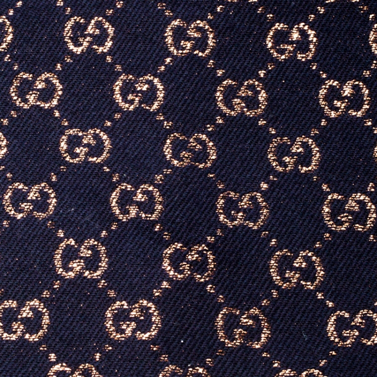 Pre Owned Gucci Navy Blue Wool and Silk Blend Metallic Monogram Guccissima Scarf